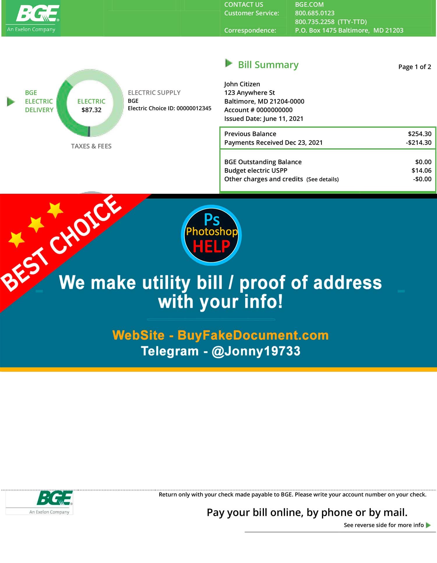 Maryland Baltimore Gas and Electric (BGE) Fake Utility bill